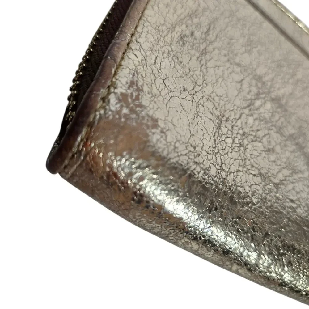 Coach Poppy Wallet Wristlet Gold Champagne Crinkle Leather Metallic Branded Zip
